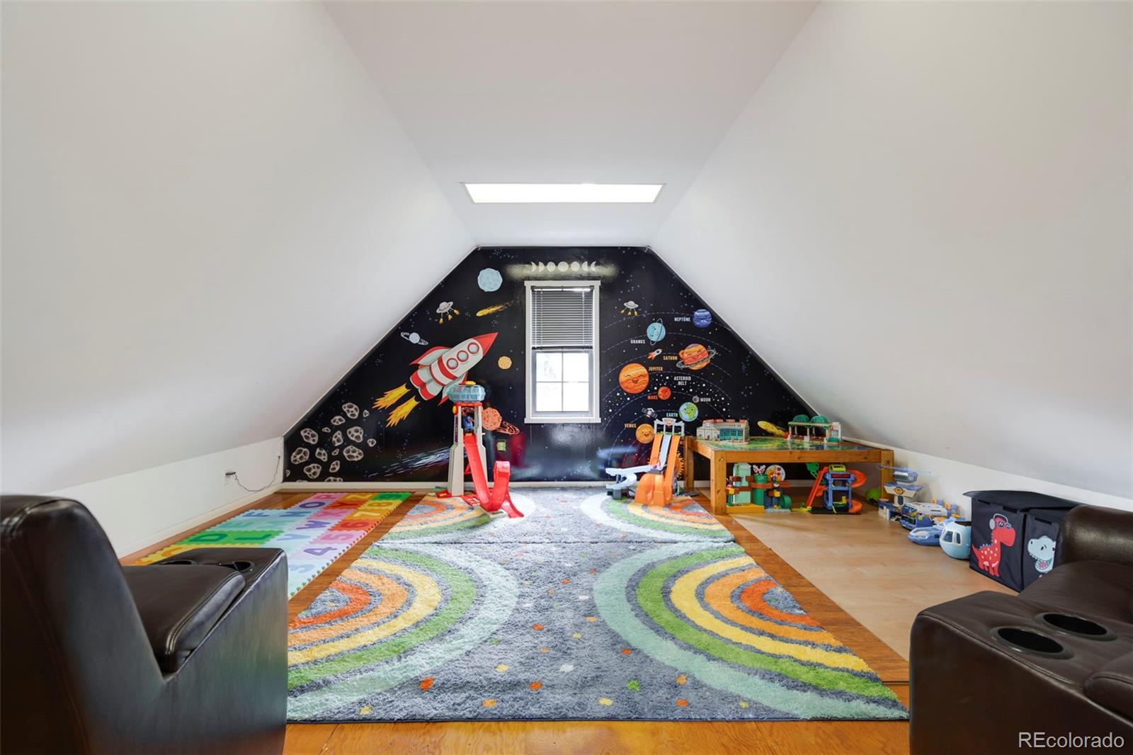 Attic playroom with a solar system mural, colorful rugs, and children’s toys.