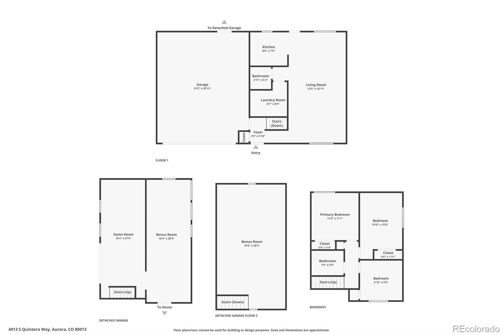 Floor plan showing the home's main level, basement, and two levels of a detached garage.