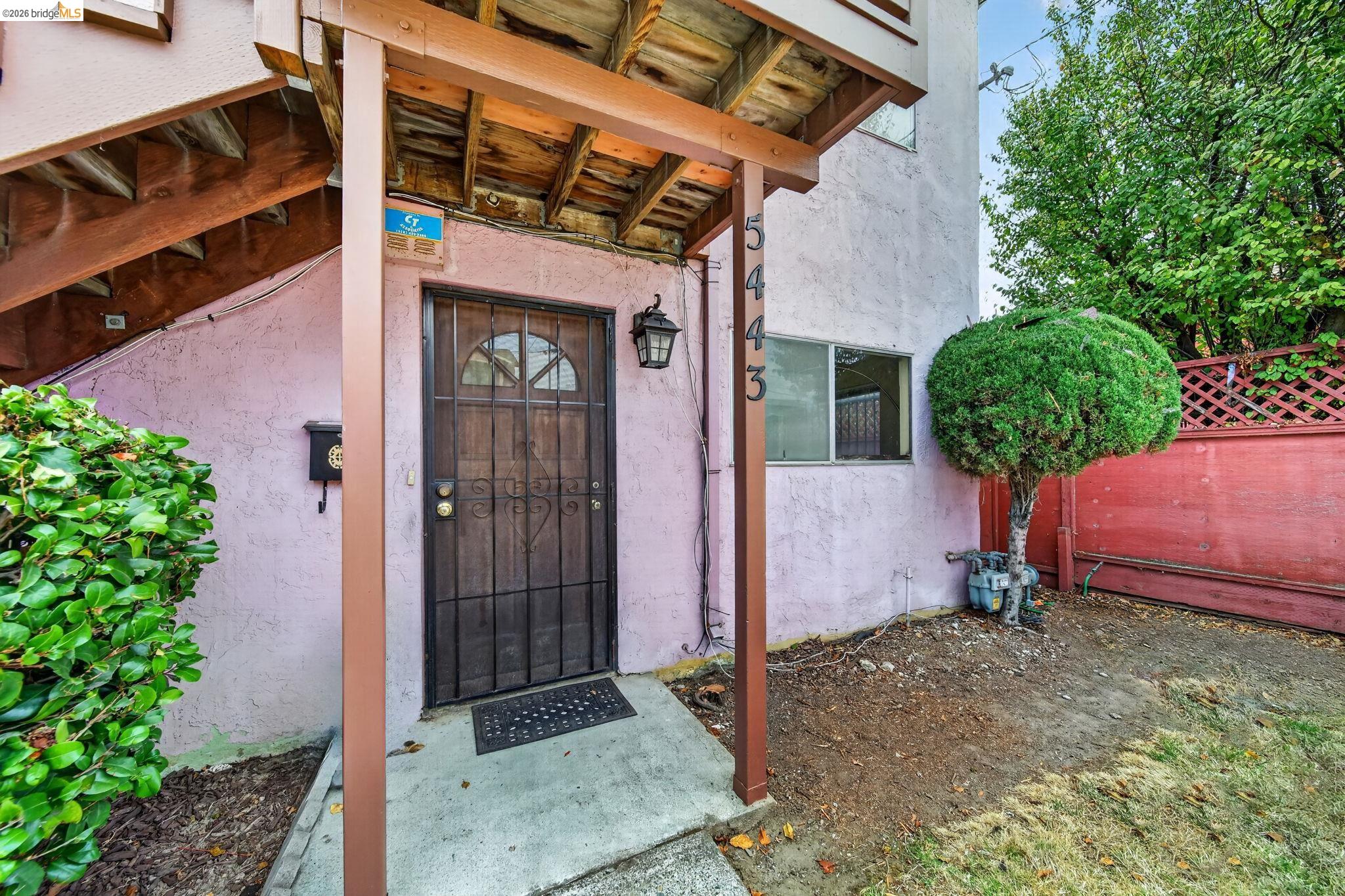 Pink stucco home entrance with a covered porch, dark metal security door, and trimmed tree.