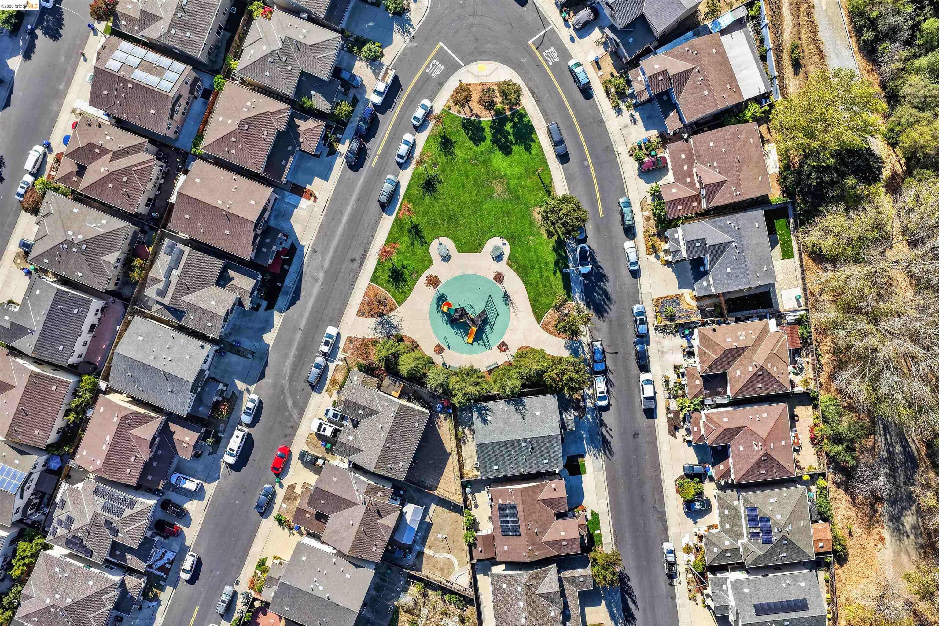 Aerial view of a neighborhood park with a playground, surrounded by homes and curving streets.