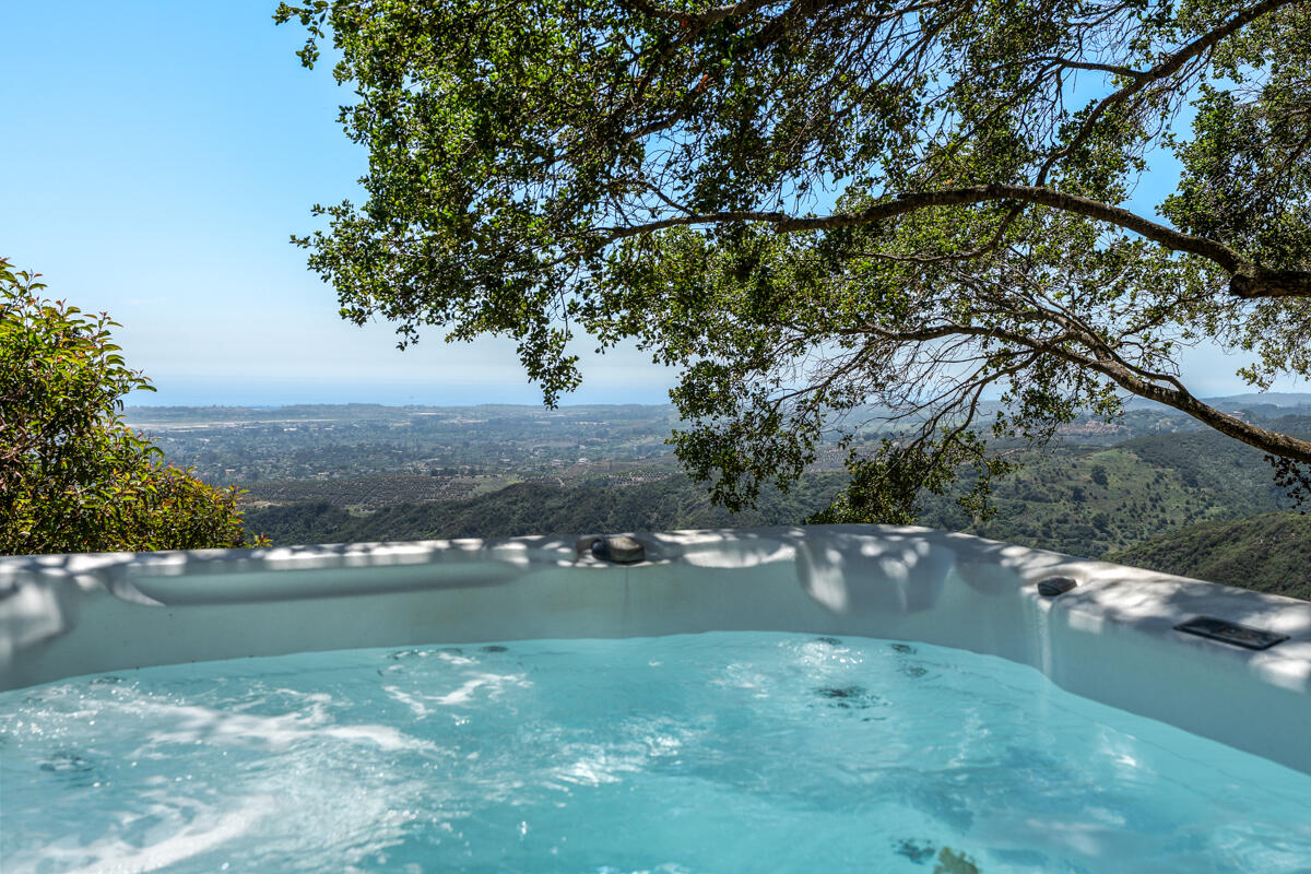 Outdoor hot tub overlooking green hills and the distant coast beneath a broad tree.