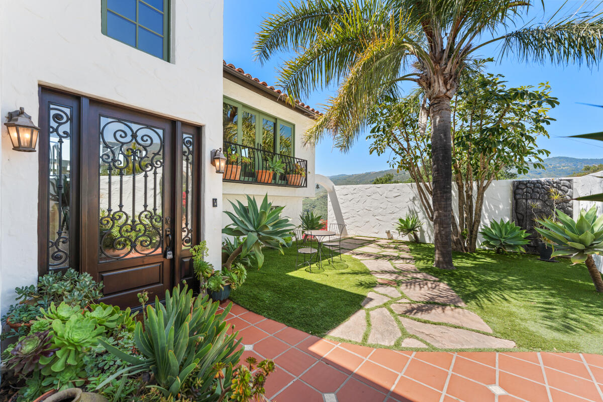 Home entry courtyard with an ornate ironwork door, terracotta patio, succulents, and a palm tree.