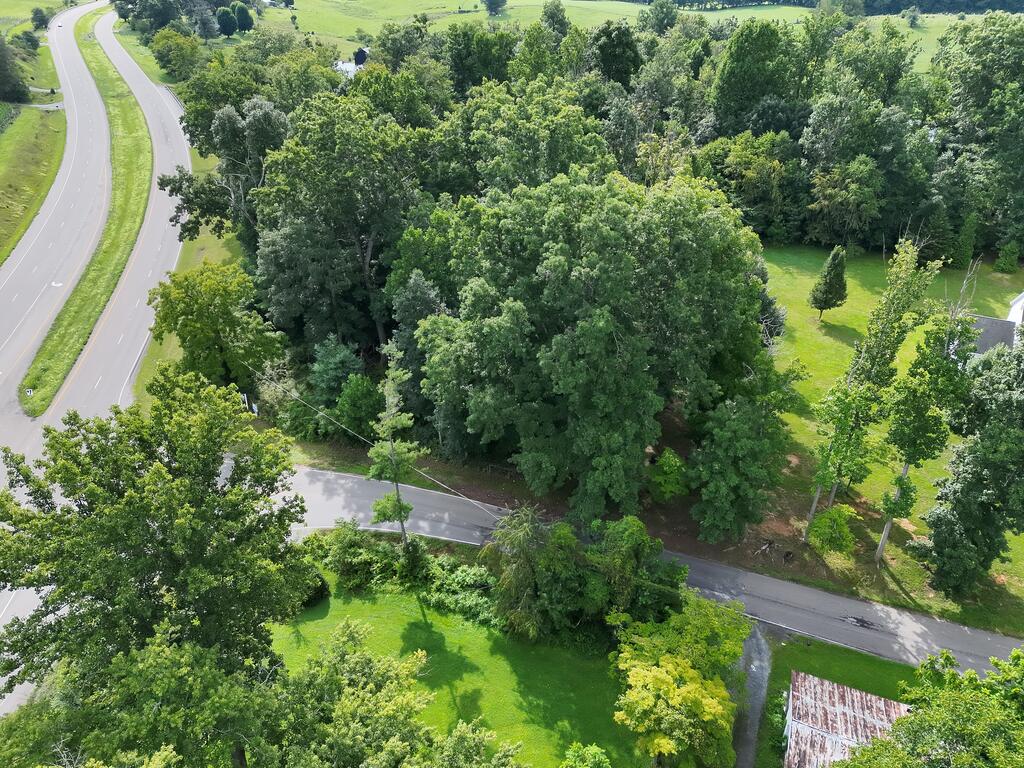 Aerial view of wooded property beside intersecting roads, with grassy clearings and surrounding trees.