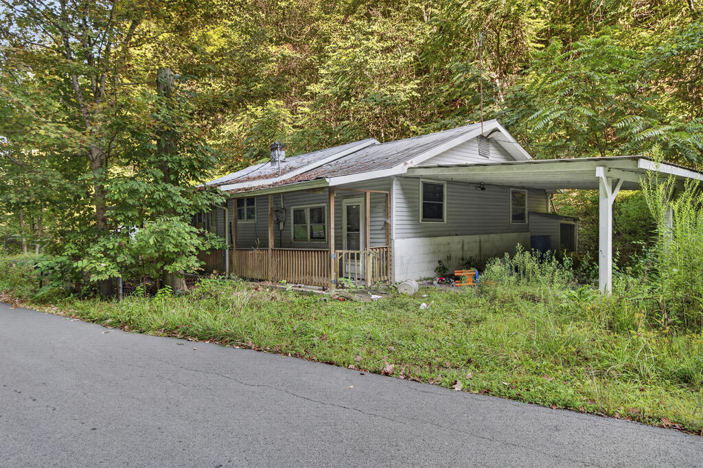 Single-story house with a covered porch and carport beside a paved road, surrounded by trees.