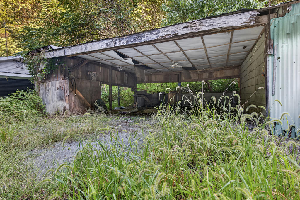 Weathered open-sided outbuilding with a damaged roof and tall grass growing around it.