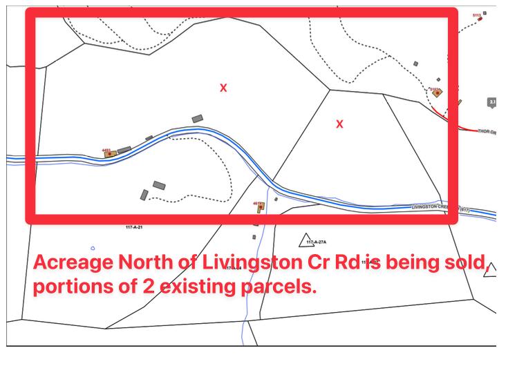 Parcel map showing red-outlined acreage north of Livingston Cr Rd across portions of two parcels.