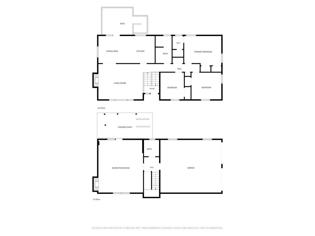 Two-level floor plan with labeled living spaces, bedrooms, recreation room, covered patio, and garage.