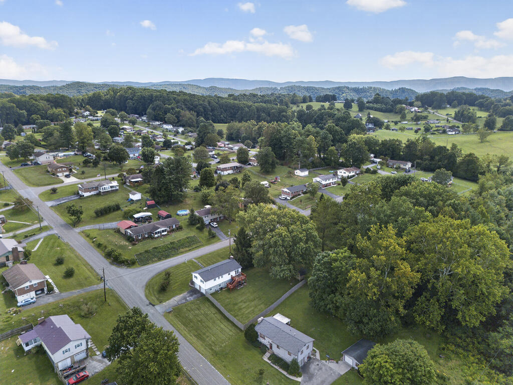 Aerial view of homes and tree-lined roads with green hills in the distance.