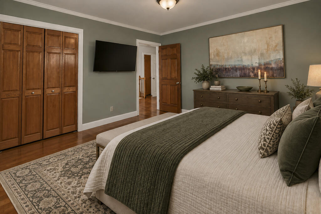 Staged bedroom with a large bed, wooden closet doors, dresser, and abstract wall art.