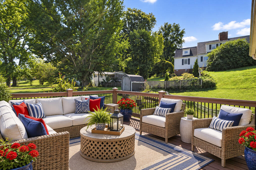 Outdoor deck with wicker seating, colorful cushions, potted flowers, and views of a green lawn and mature trees.