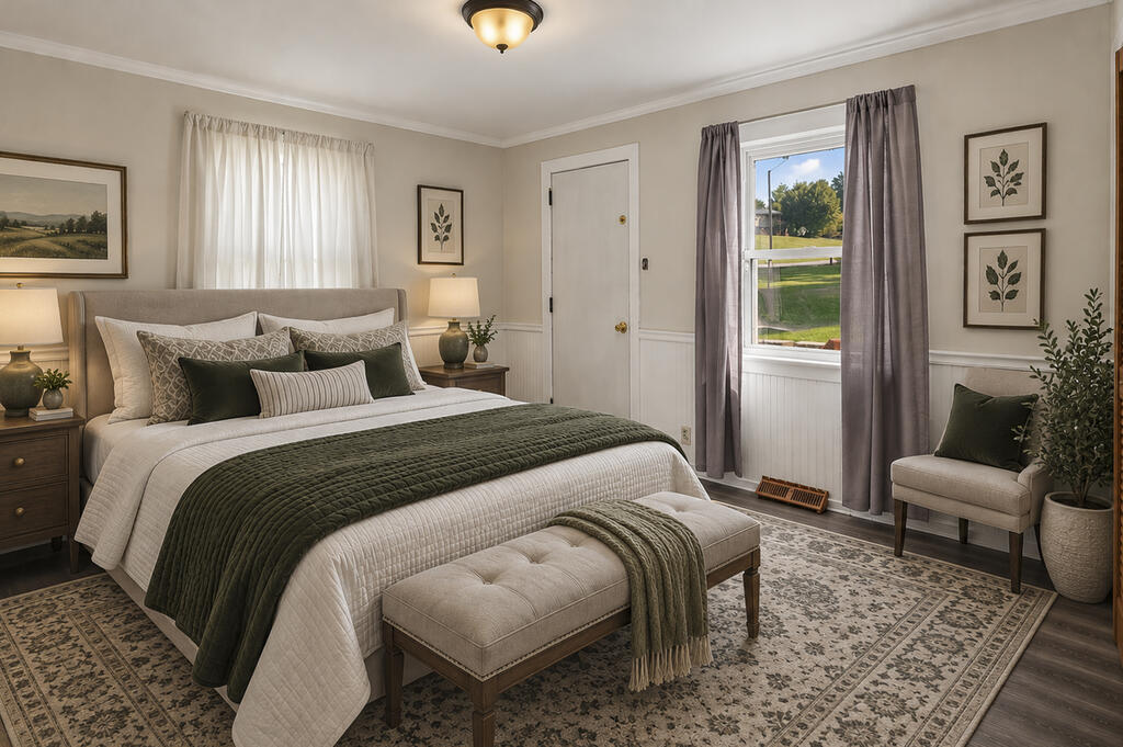 Staged bedroom with white bedding, a dark green quilt, and a window overlooking a lawn.