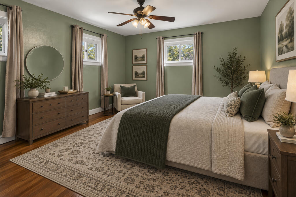 Staged bedroom with sage green walls, a cream bed, dark green bedding, and a patterned rug.