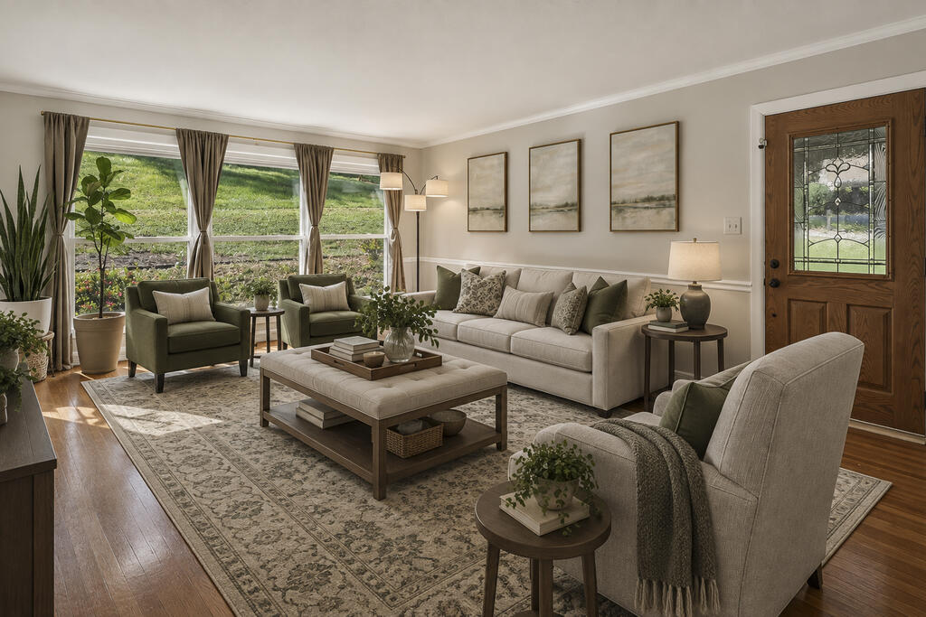 Living room with a cream sofa, green armchairs, patterned rug, and large curtained windows.