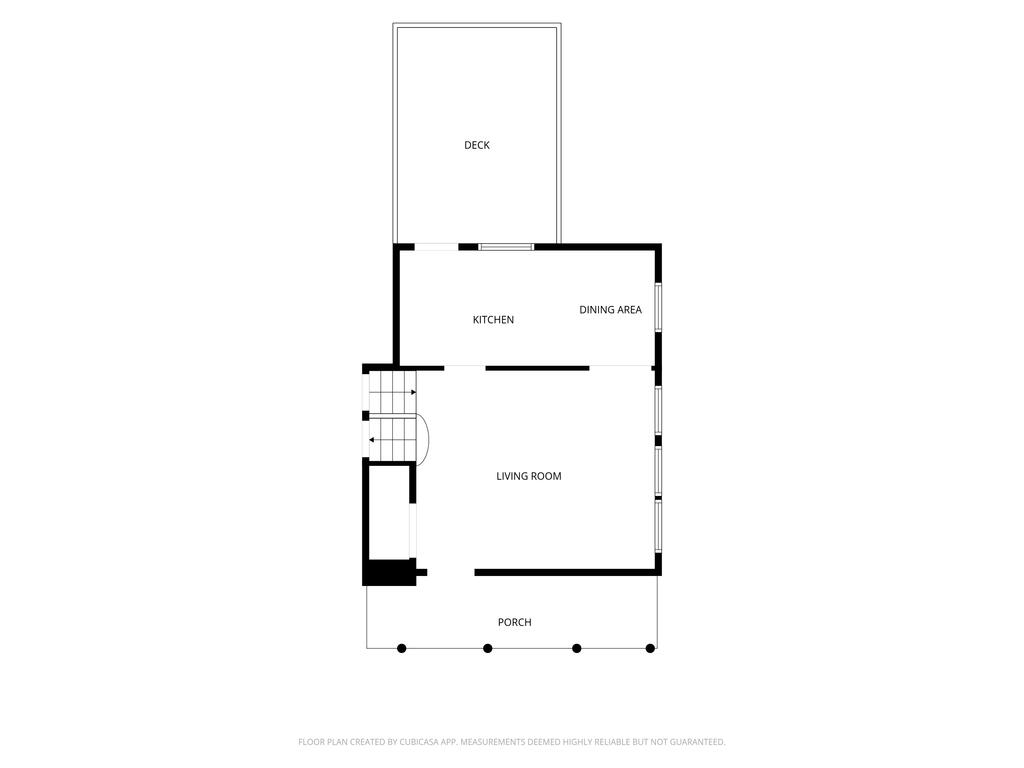 Floor plan with a kitchen, dining area, living room, deck, porch, and staircase.