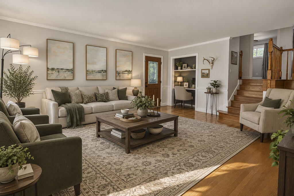 Living room with beige sofa, green armchairs, patterned rug, and a wooden staircase.