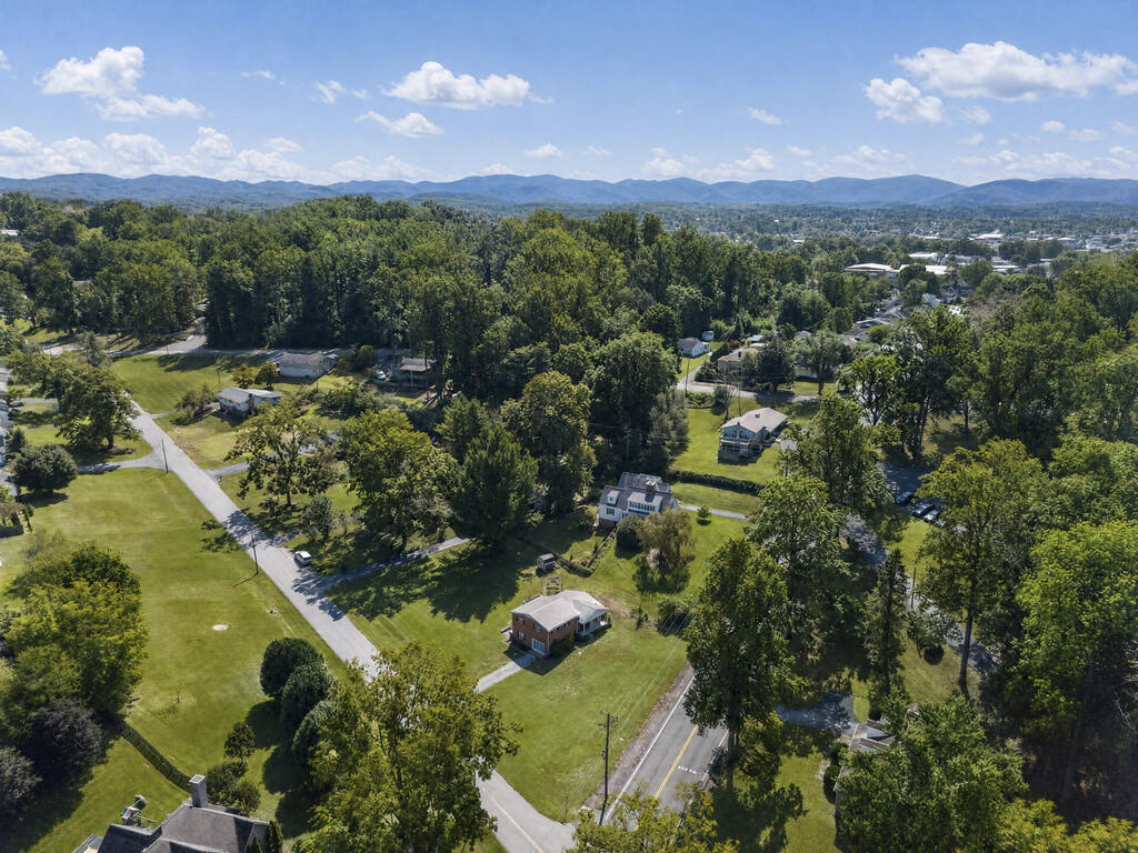 Aerial view of homes on wooded lots with distant mountain ridges.
