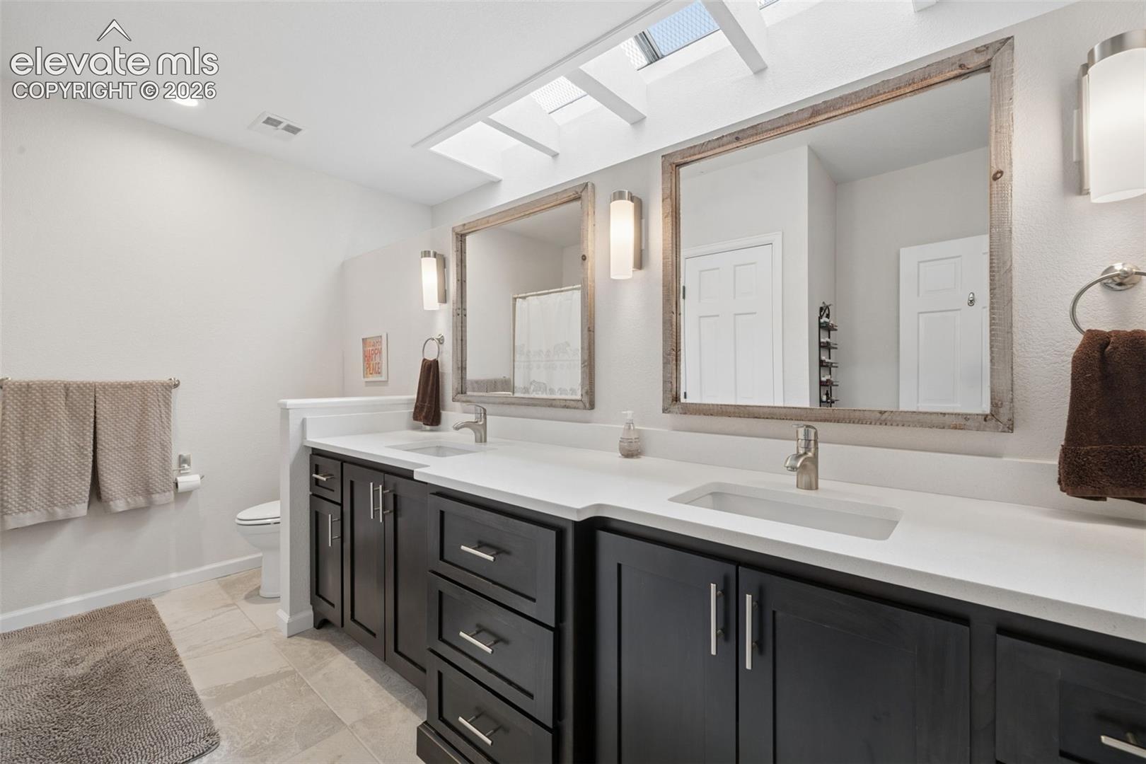 Bathroom with a double-sink vanity, dark cabinets, large mirrors, and overhead skylights.