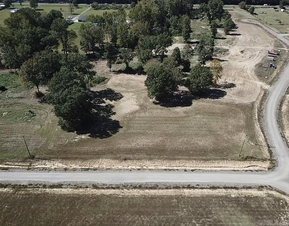 Vacant cleared lot with mature trees beside a curved road.