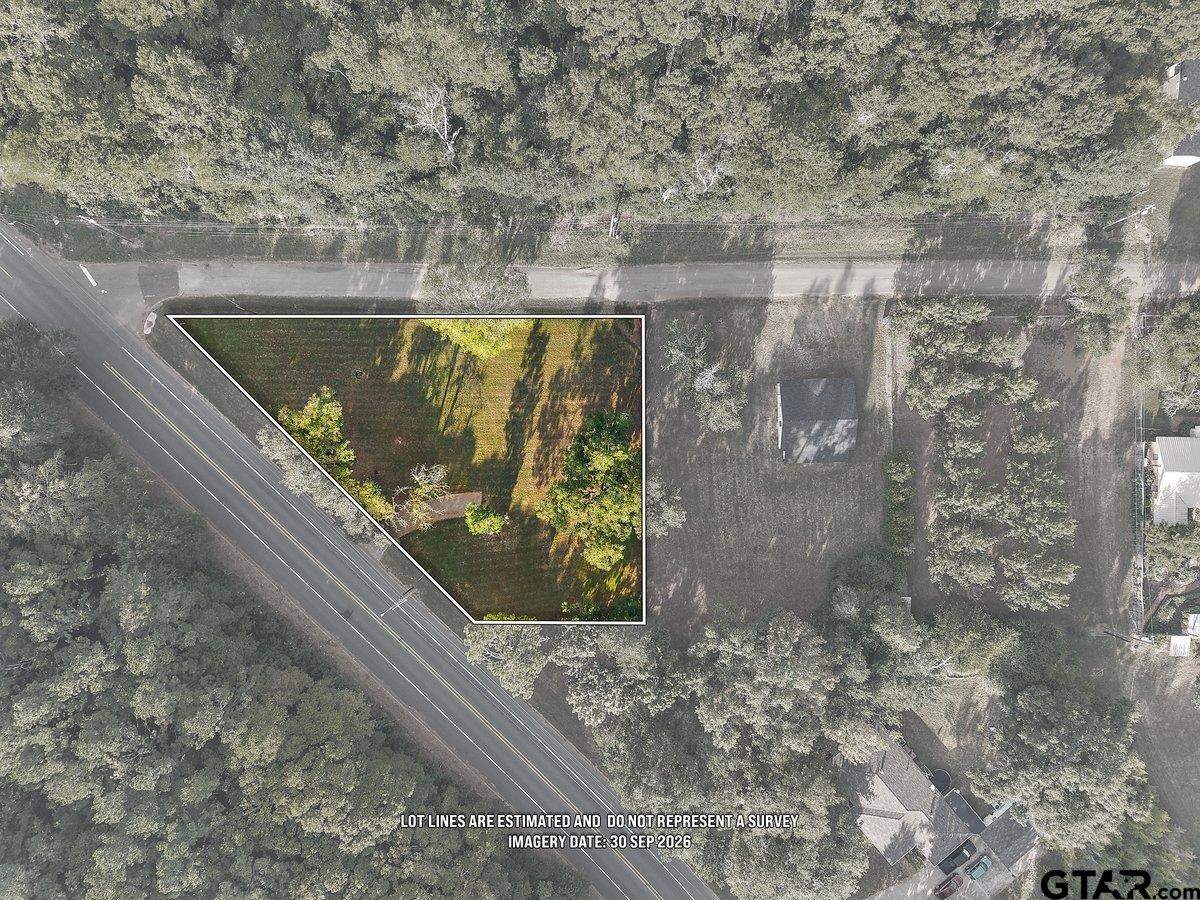 Aerial view of a wooded vacant lot outlined beside two roads.