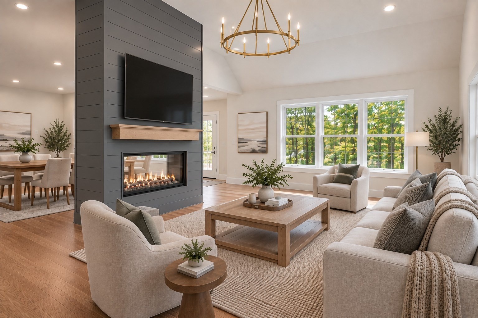 Living room with a shiplap fireplace wall, large windows, and neutral seating.