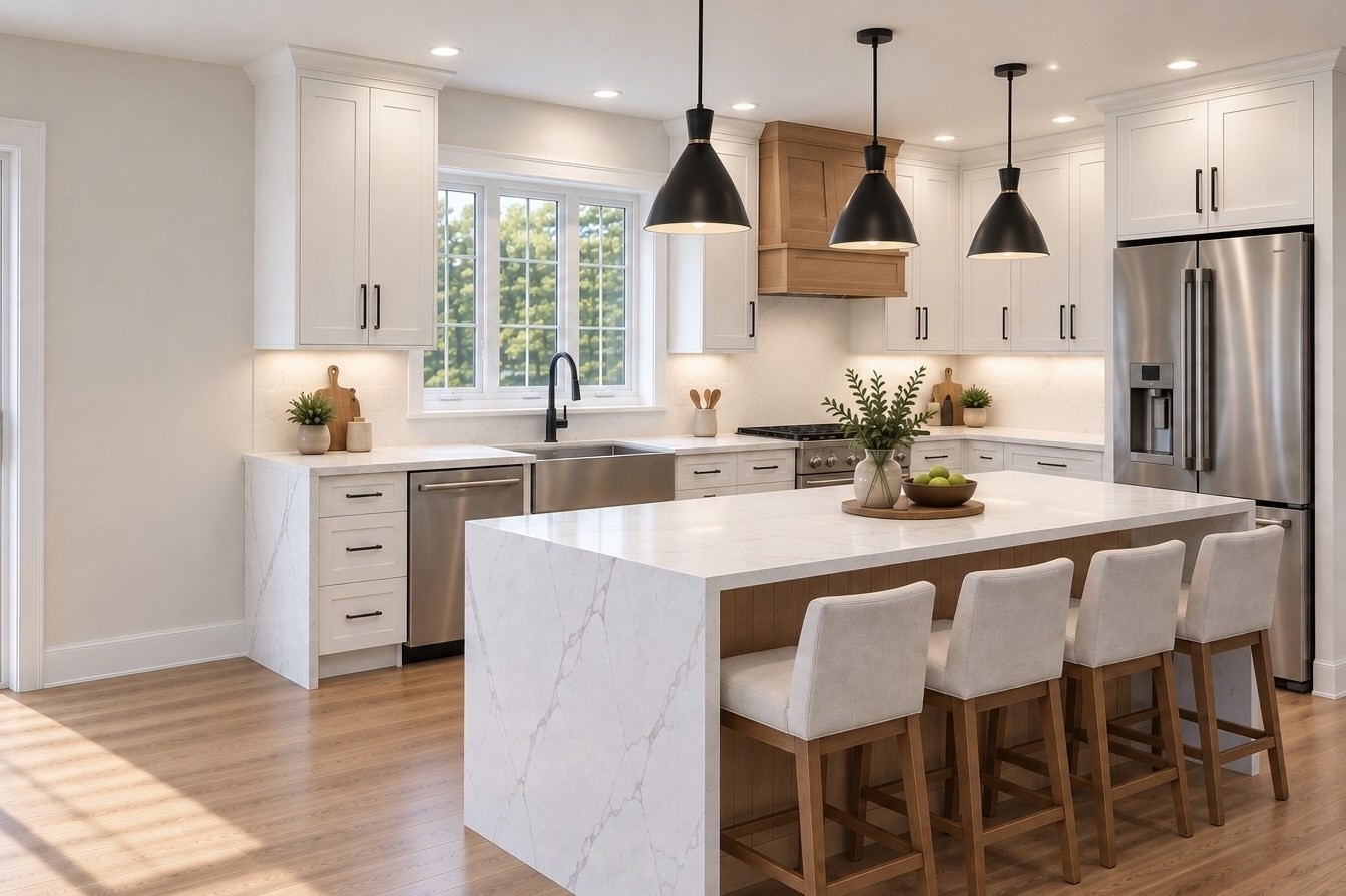 Bright kitchen with a large marble-look island, four stools, white cabinets, and stainless steel appliances.