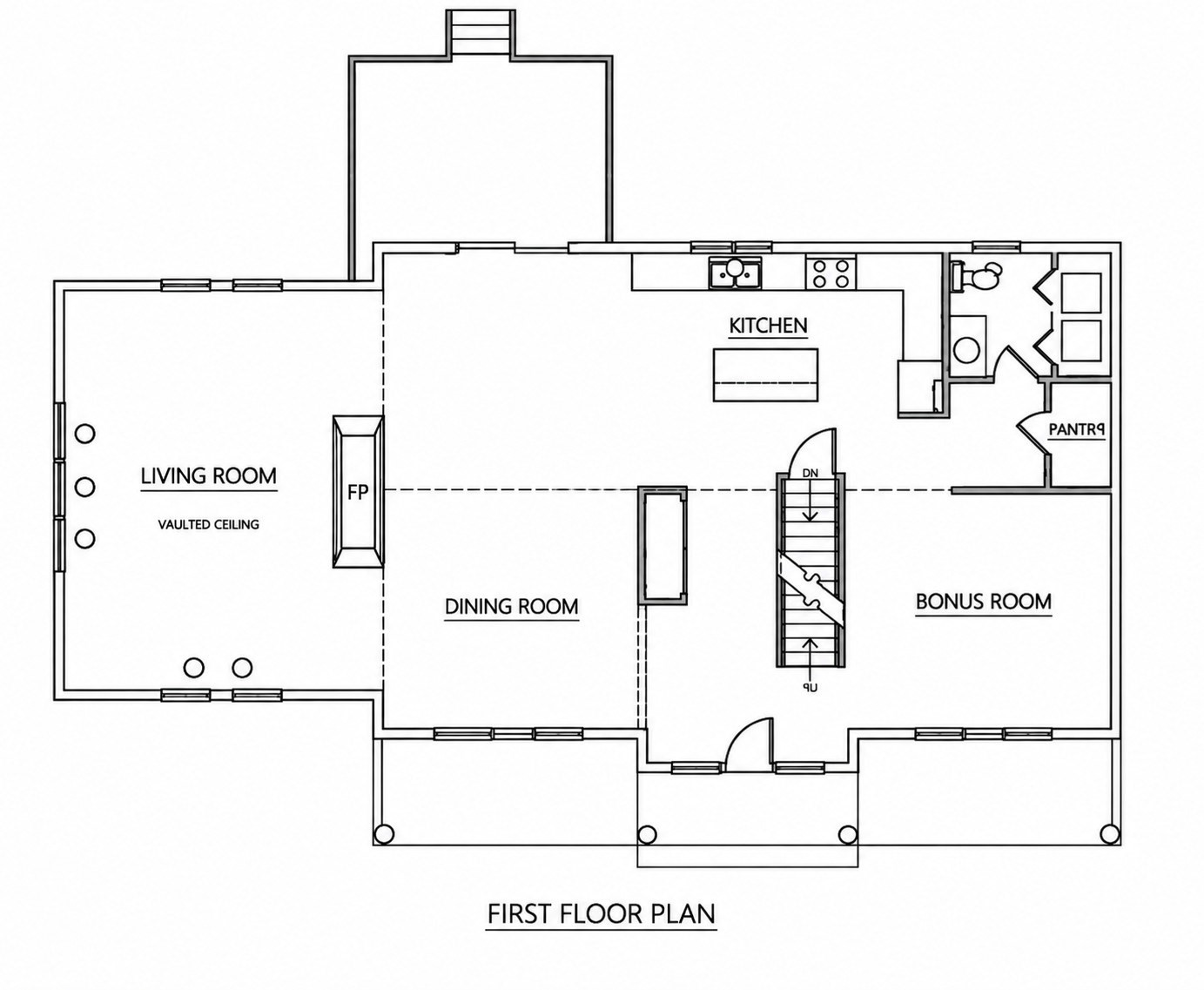 First-floor plan with living room, dining room, kitchen, bonus room, and vaulted ceiling.