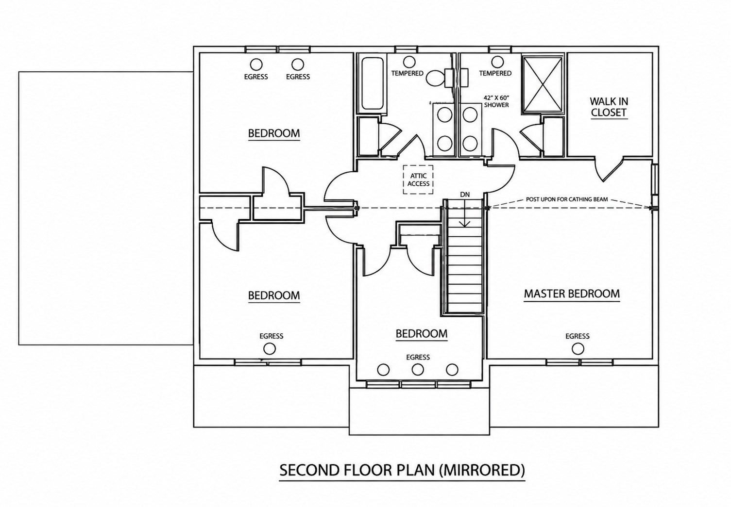 Mirrored second-floor floor plan showing four bedrooms, bathrooms, stairs, and a walk-in closet.