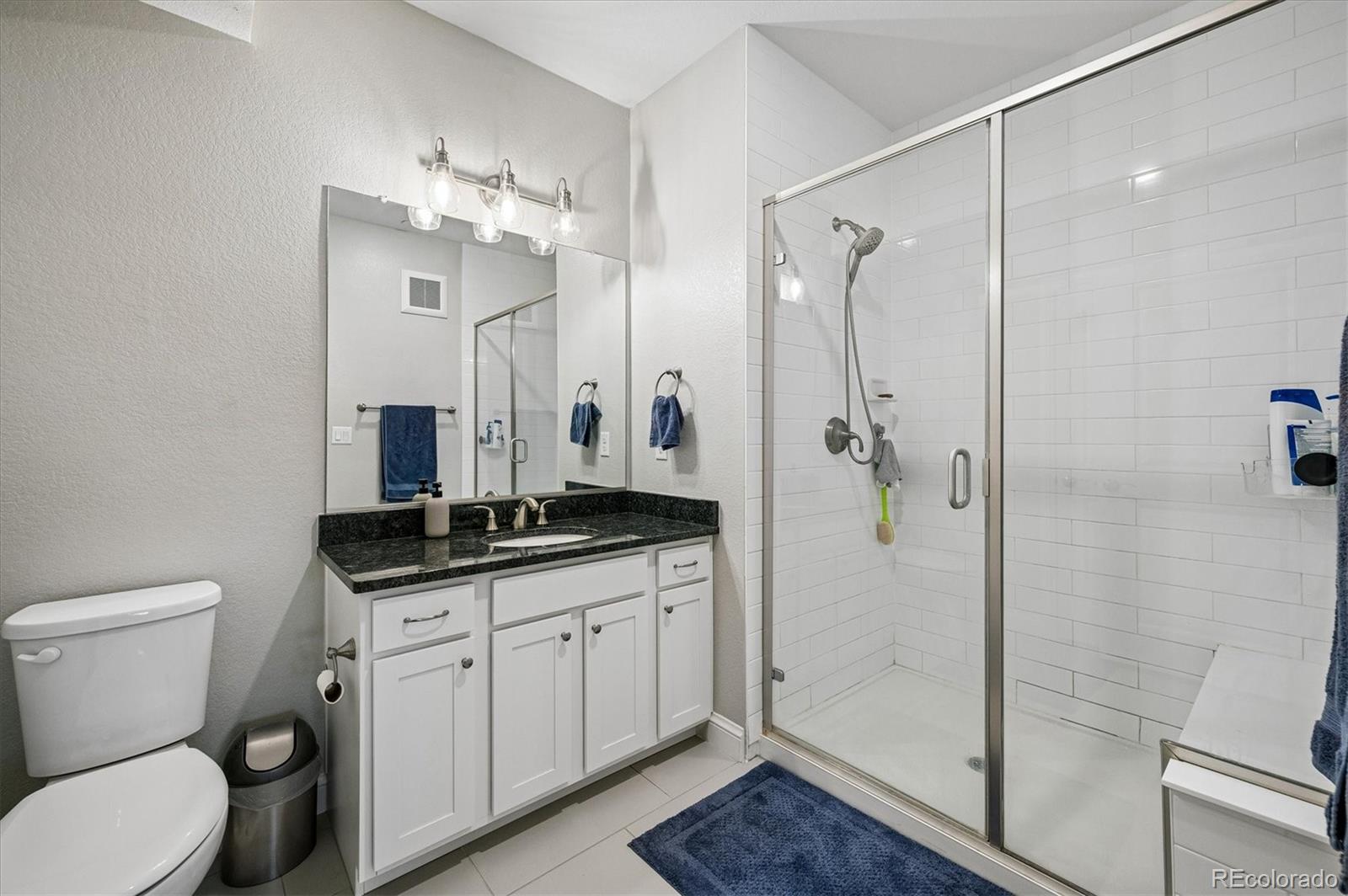 Bathroom with a dark stone vanity countertop and glass-enclosed white subway tile shower.