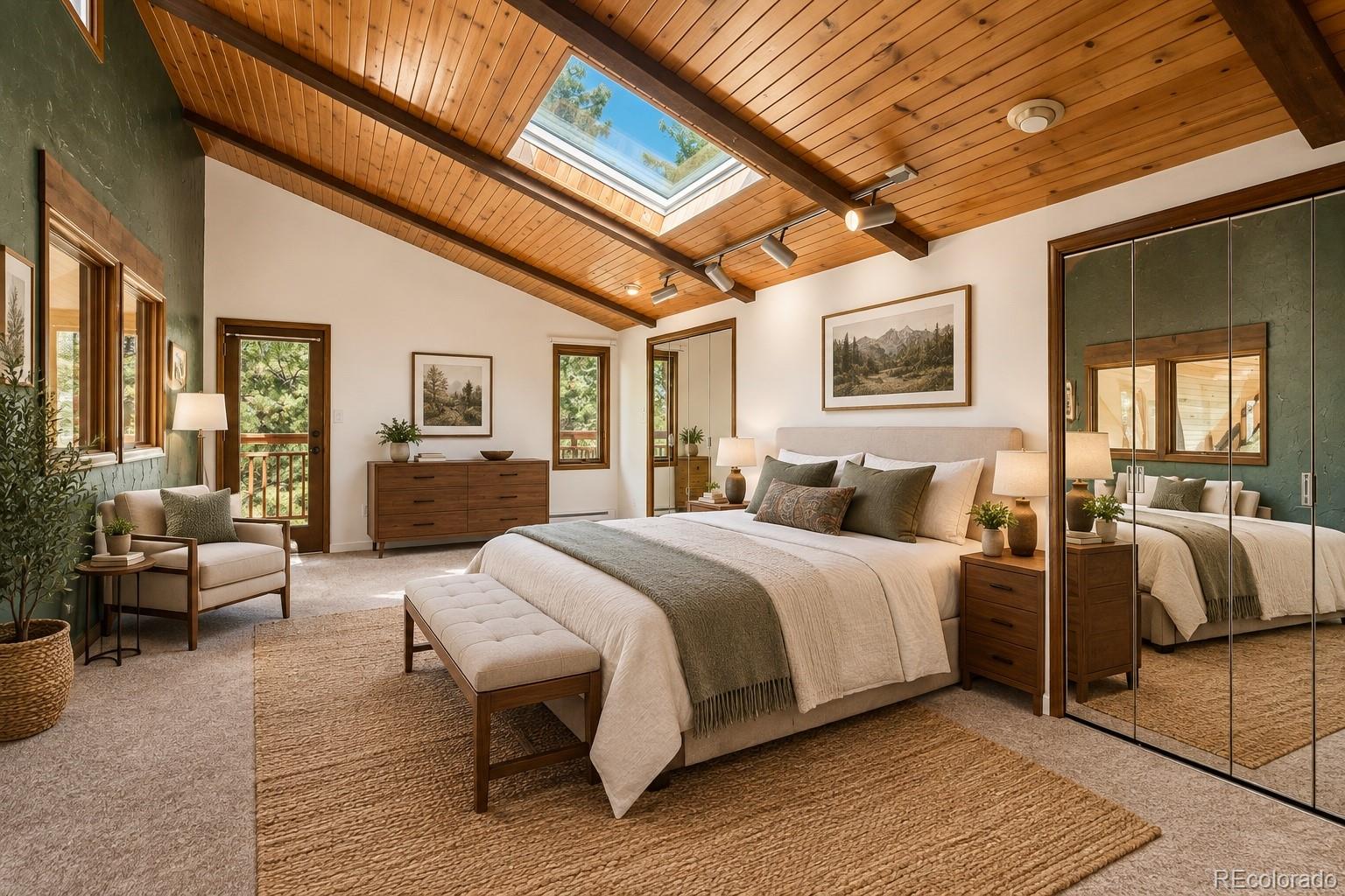 Bedroom with a vaulted wood ceiling, skylight, large bed, and mirrored closet doors.