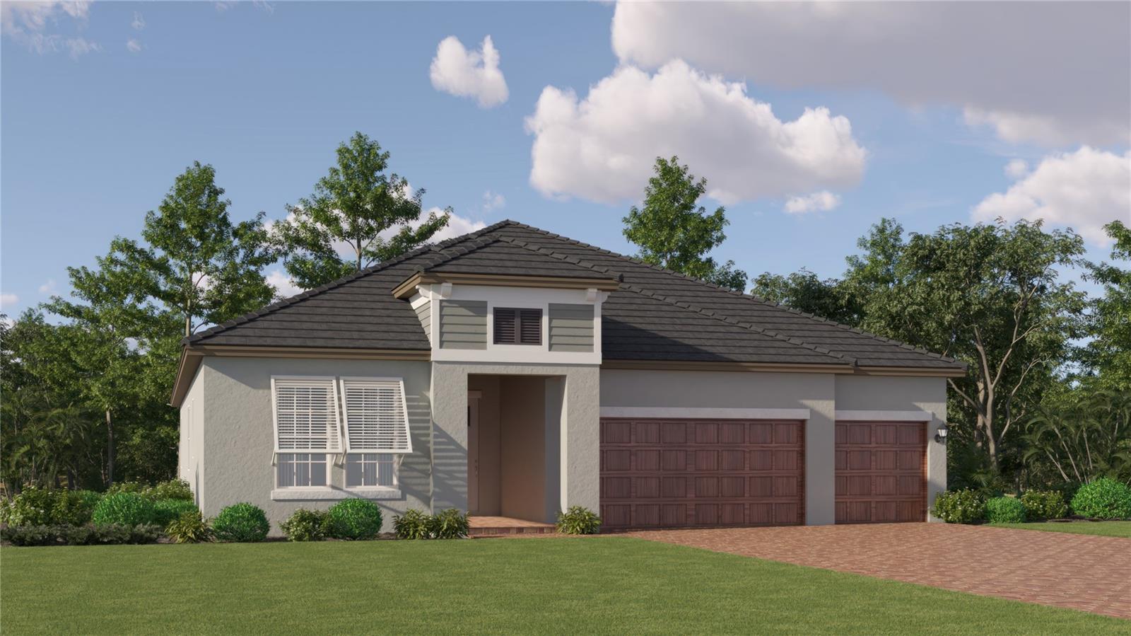 Single-story home with a dark tiled roof, recessed entry, and two-car garage beside a brick-paver driveway.
