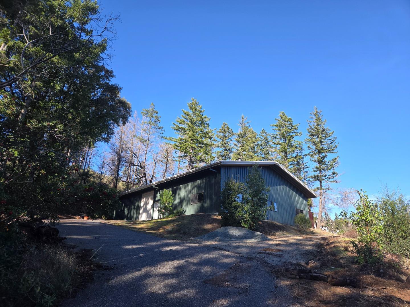 Single-story green-sided home with a broad gabled roof, driveway, and wooded surroundings.