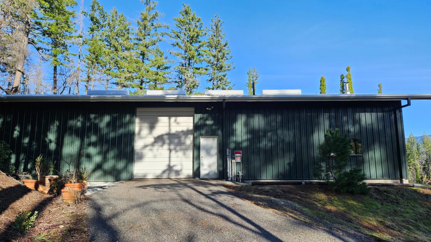 Dark green metal building with a large roll-up garage door, gravel driveway, and pine trees.