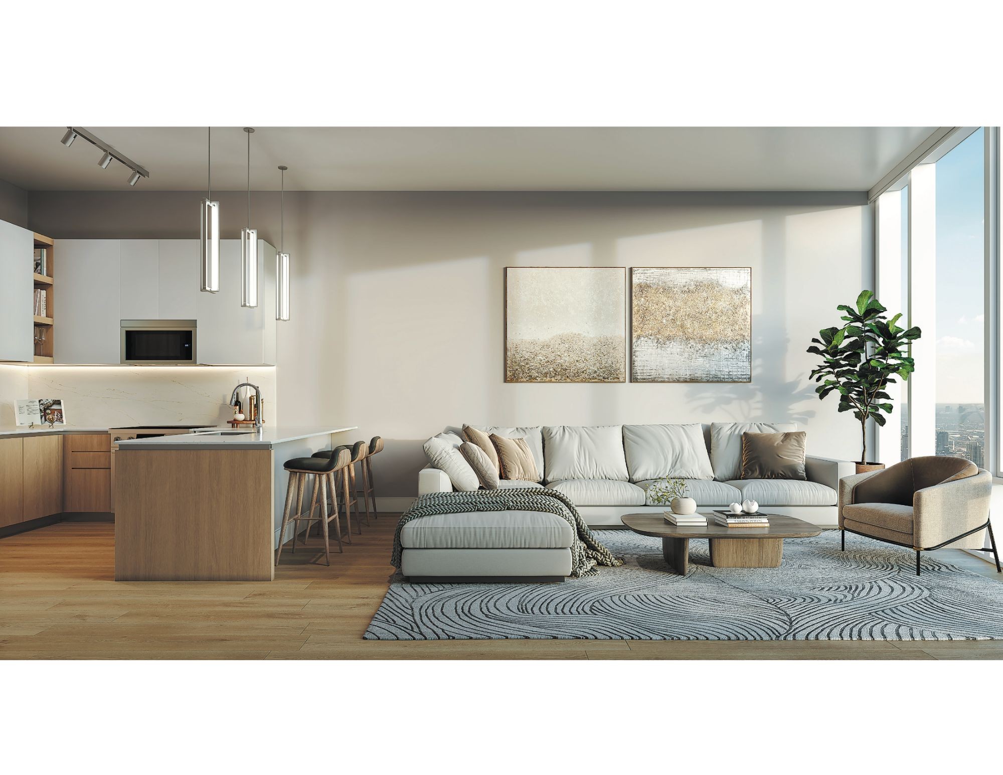 Open-plan living room and kitchen with a white sectional, wood island, and floor-to-ceiling city-view windows.
