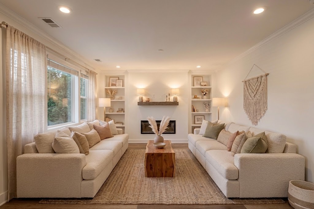 Living room with cream sofas, a fireplace, built-in shelves, and large curtained windows.