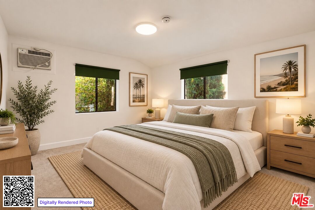 Rendered bedroom with a cream bed, sage linens, green window shades, and framed coastal prints.