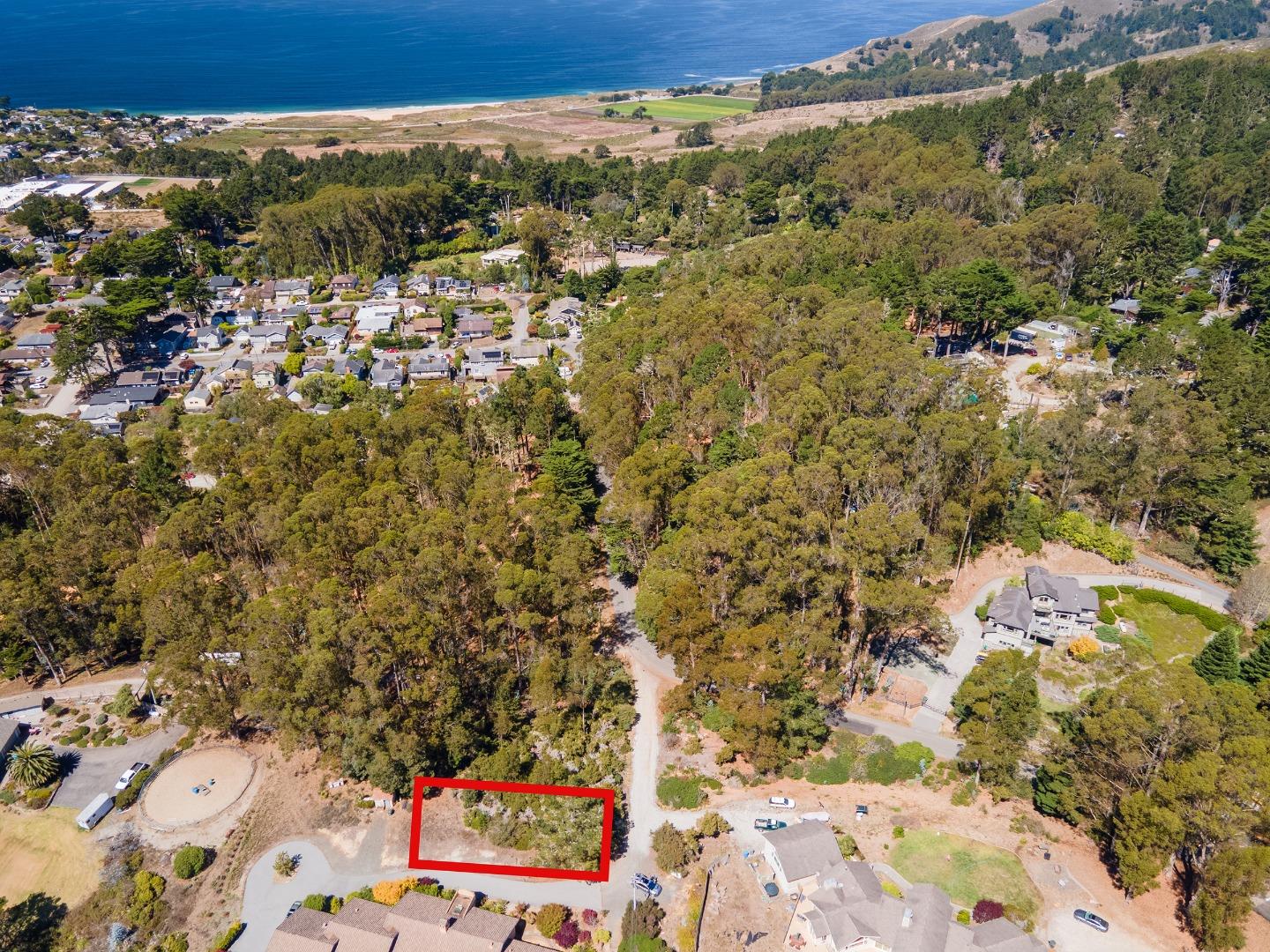 Aerial view of a red-outlined vacant lot amid trees, with the Pacific coastline in the distance.