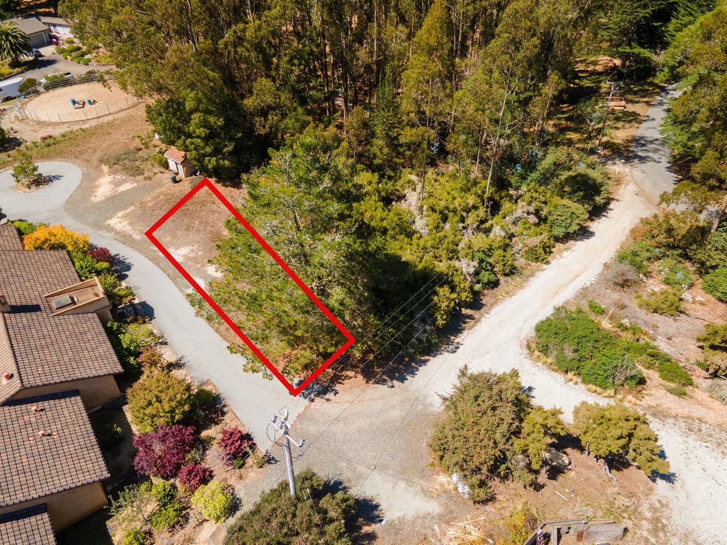 Vacant wooded lot outlined in red, bordered by roads and neighboring homes.