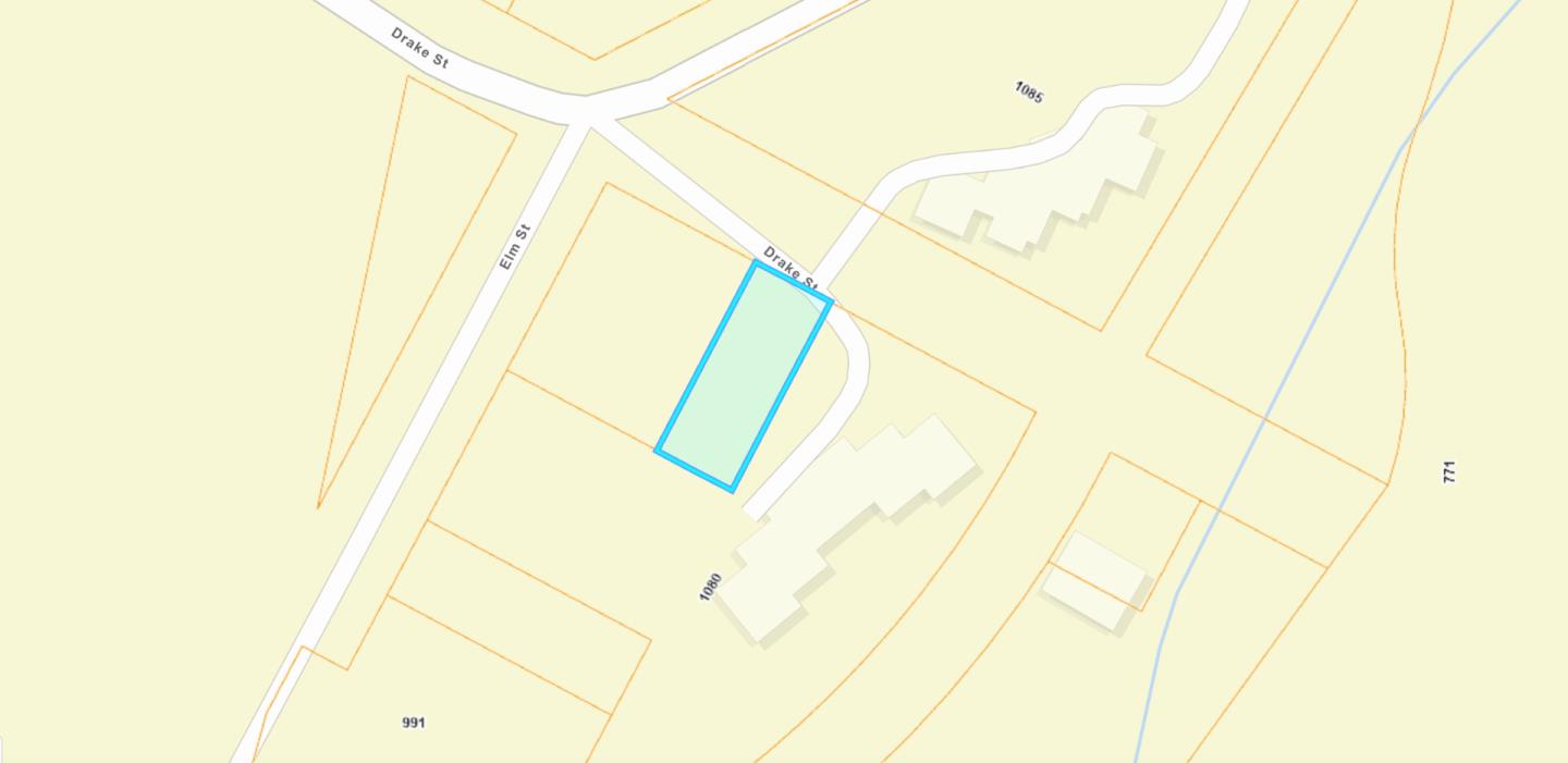 Map highlighting a land parcel on Drake Street near Elm Street.