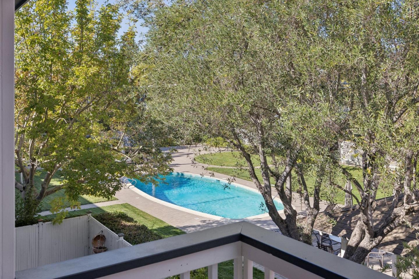 Courtyard swimming pool viewed from a balcony through leafy trees.