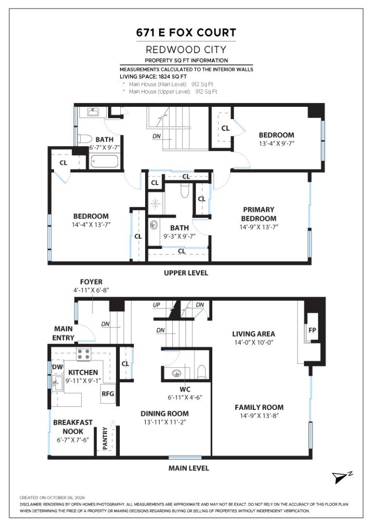 Two-level floor plan showing the home’s rooms, stairs, and approximate dimensions.