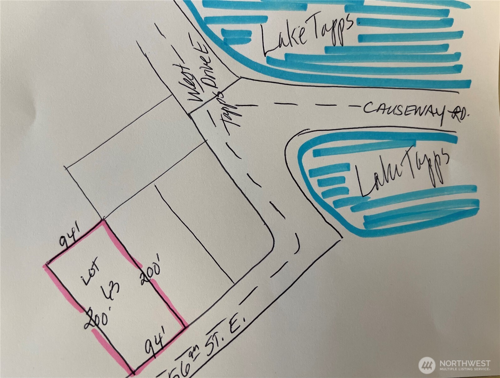 Hand-drawn map of Lot 13 beside 56th St. E., with Water Drive, Causeway Rd., and Lake Tapps.