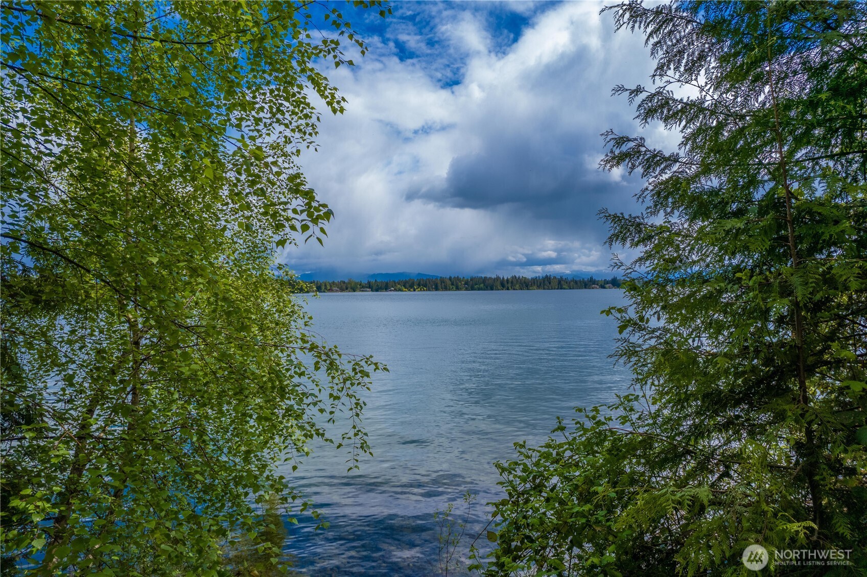 Lake framed by leafy trees, with a wooded far shore and distant mountains.