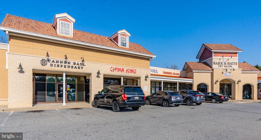 Strip shopping center with Cannon Ball Dispensary and China King storefronts, parked cars, and a clear blue sky.