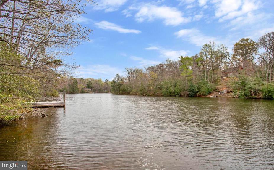 Lakefront view with a small dock and wooded shoreline.