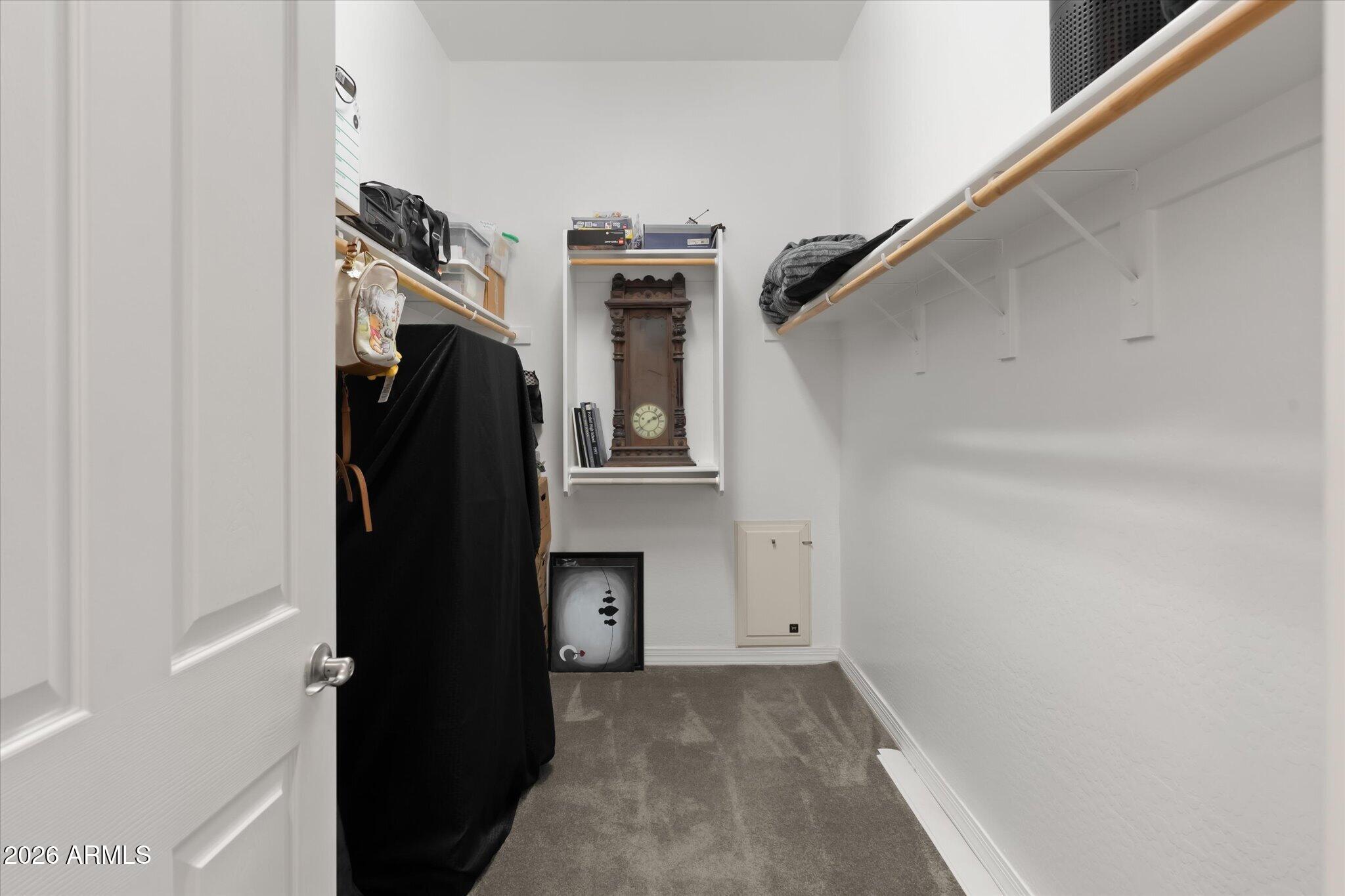 Walk-in closet with long storage shelves, gray carpet, and a wooden clock on the back wall.