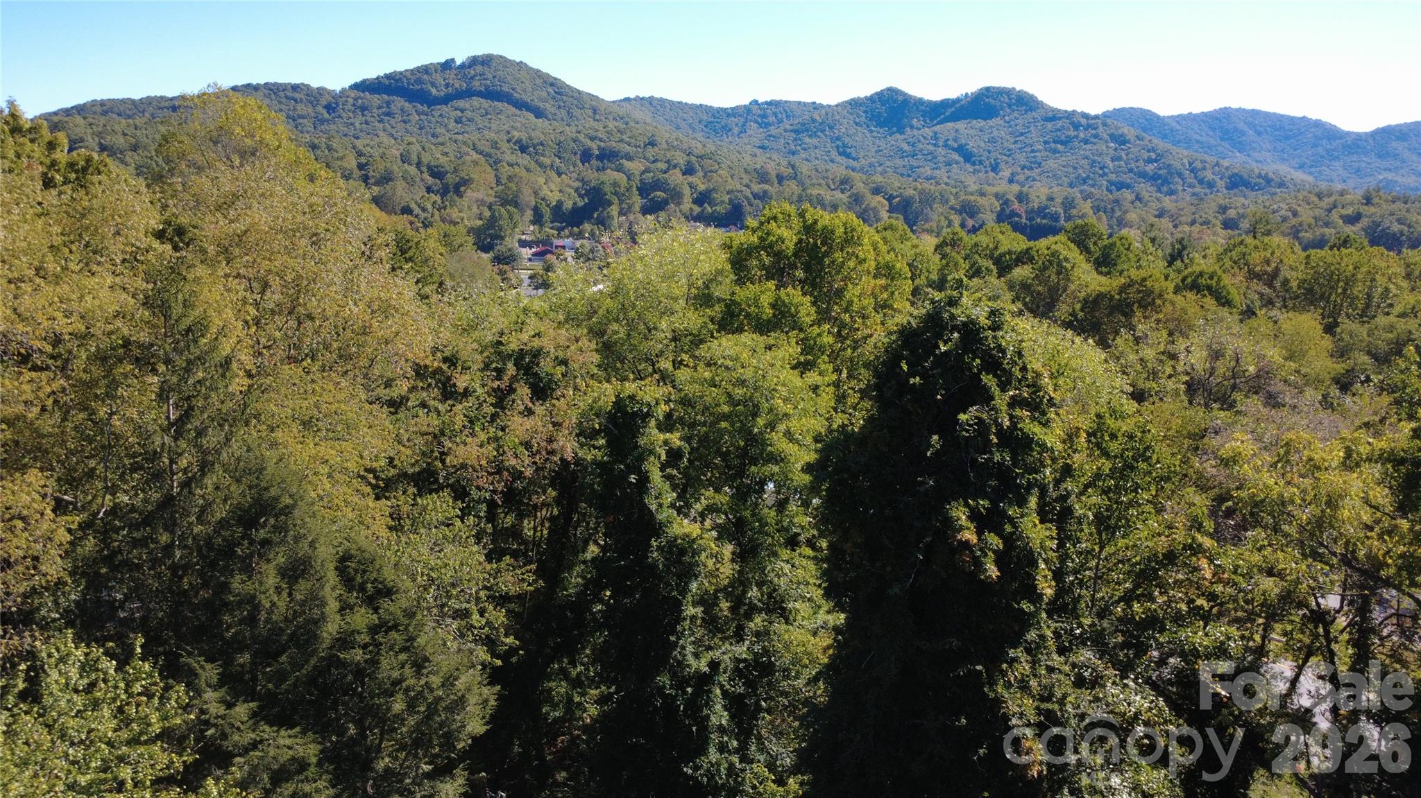 Panoramic mountain view above dense woodland, with forested ridgelines and a small valley settlement.