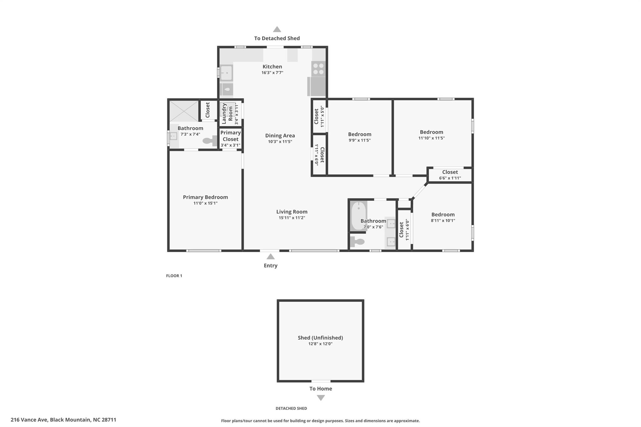 Four-bedroom floor plan with two bathrooms, open living and dining areas, and an unfinished detached shed.