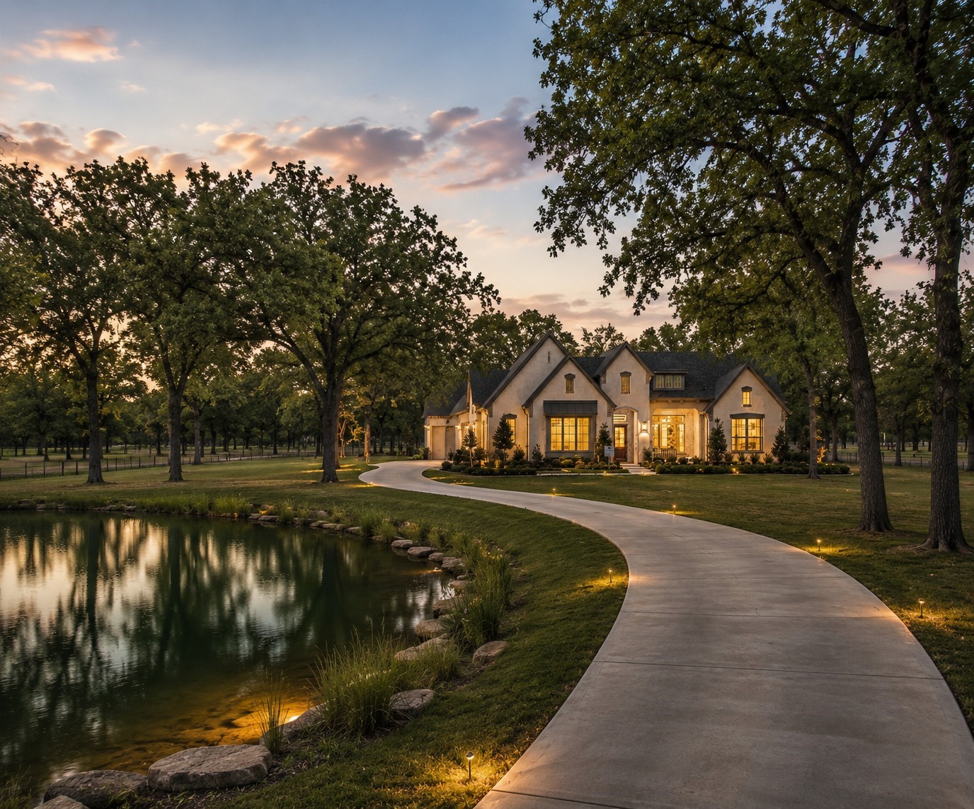 Large gabled home glowing at dusk, framed by mature trees beside a pond and curved driveway.