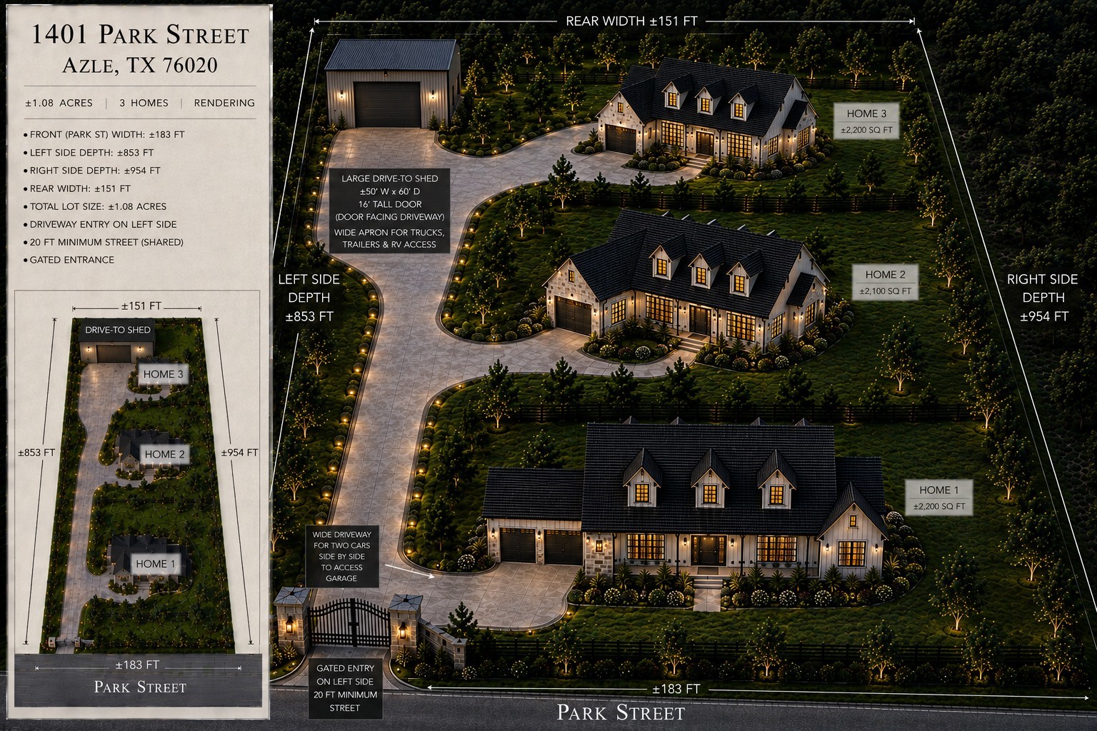 Site plan rendering of three homes, a drive-to shed, and gated access along Park Street.