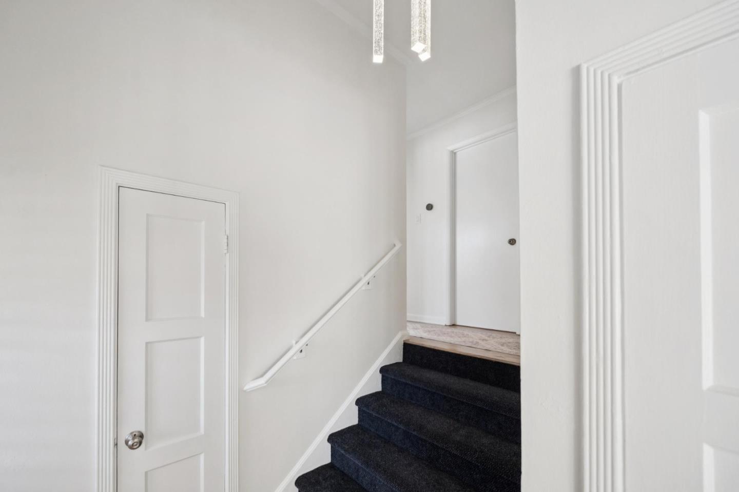Interior stairway with dark carpeted steps and a white handrail beside paneled doors.